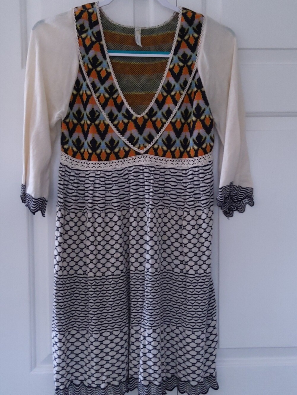 Free People Black Orange Periwinkle Cream Knit Mini Dress Vintage 90's